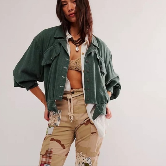 Free People Jackets & Blazers - Free People‎ Women's Billy Saddle Jacket Relaxed Cropped Linen Blend Green Small